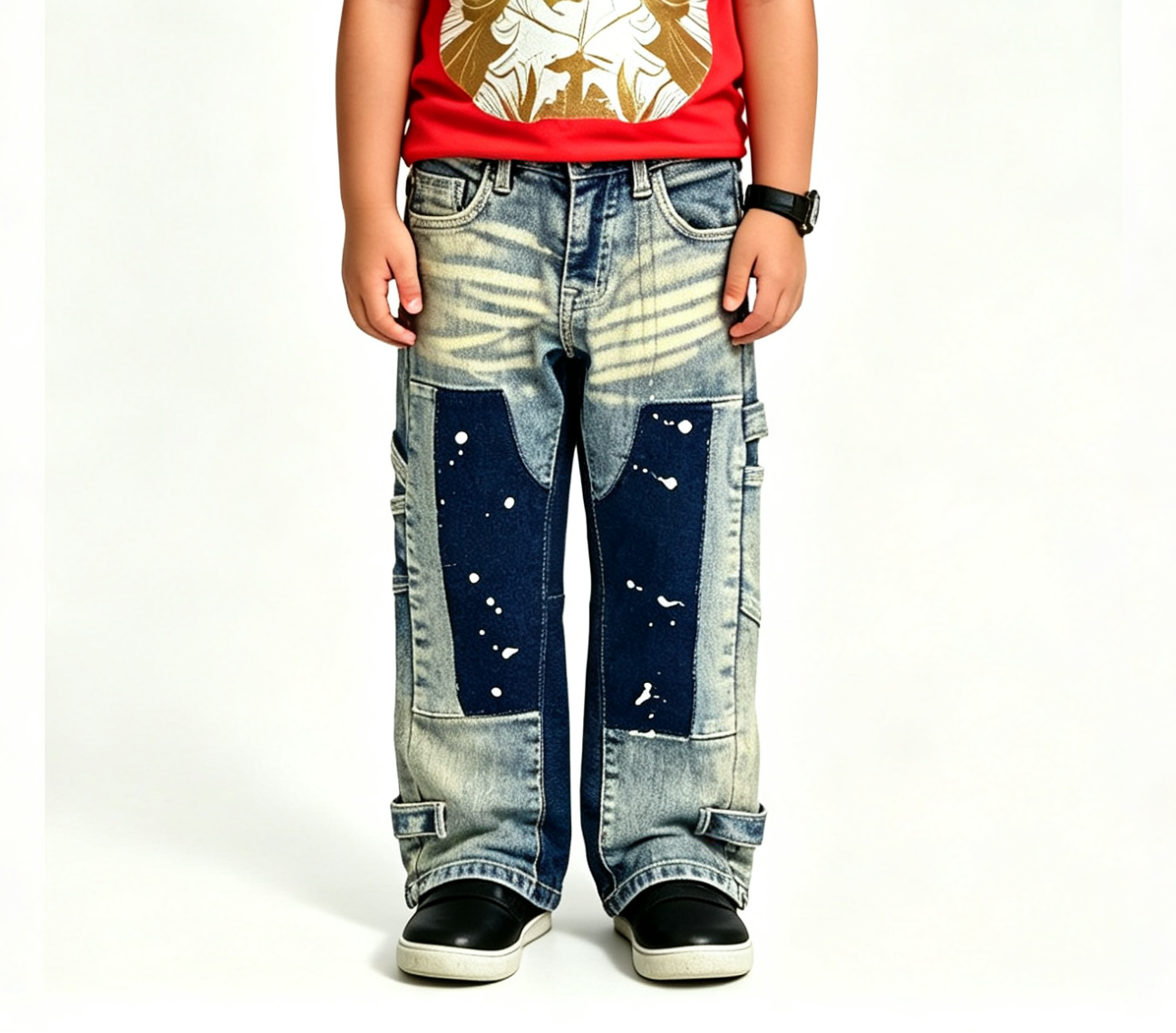 Custom Kids Patchwork Cargo Jeans – Vintage Wash, MOQ 100 - Image 2