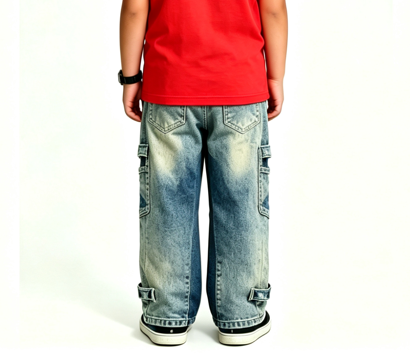 Custom Kids Patchwork Cargo Jeans – Vintage Wash, MOQ 100 - Image 3