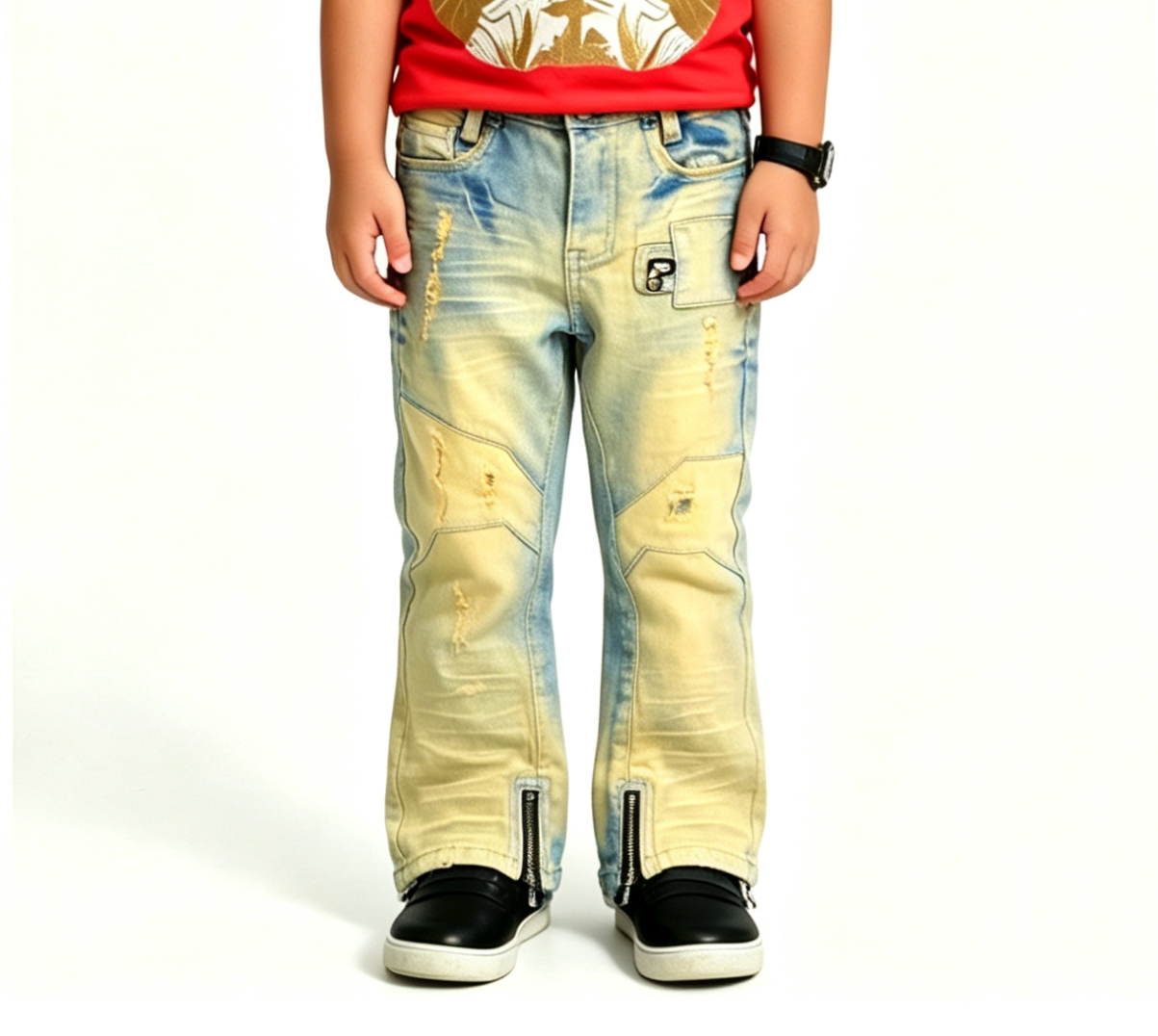 Boys' Acid Wash Ripped Cargo Jeans OEM | Yellow Streetwear - Image 2