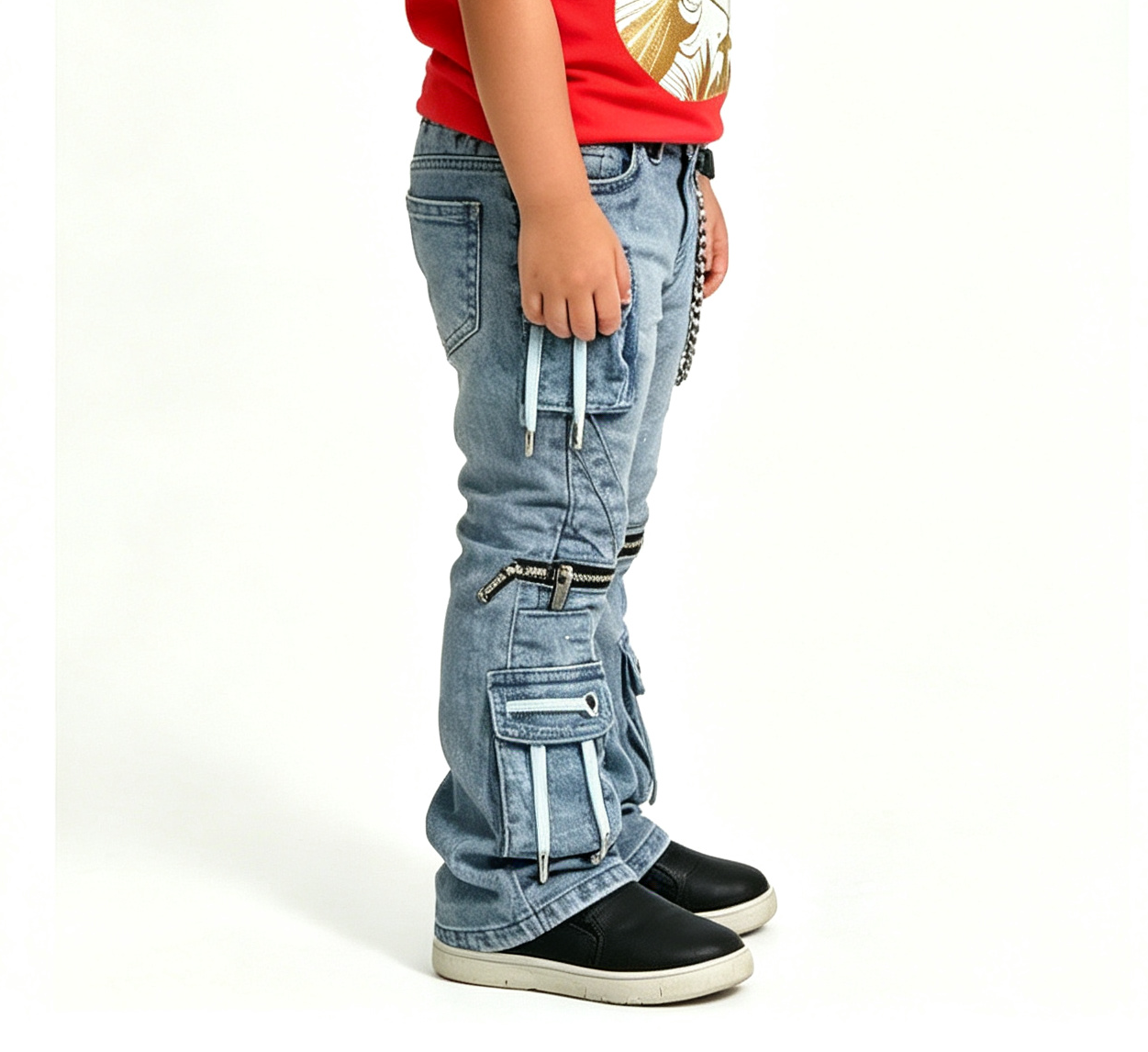 Boys' Y2K Zipper Cargo Jeans OEM | Blue Splatter Wash - Image 2