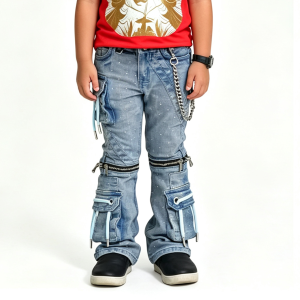 Boys' Y2K Zipper Cargo Jeans OEM | Blue Splatter Wash