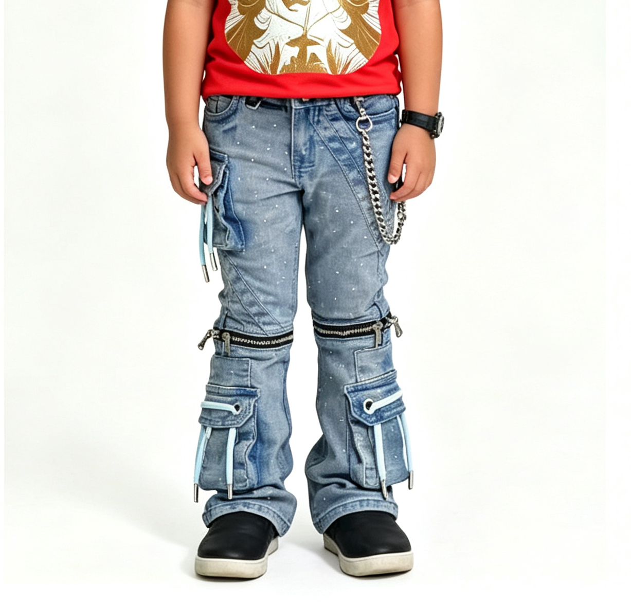 Boys' Y2K Zipper Cargo Jeans OEM | Blue Splatter Wash