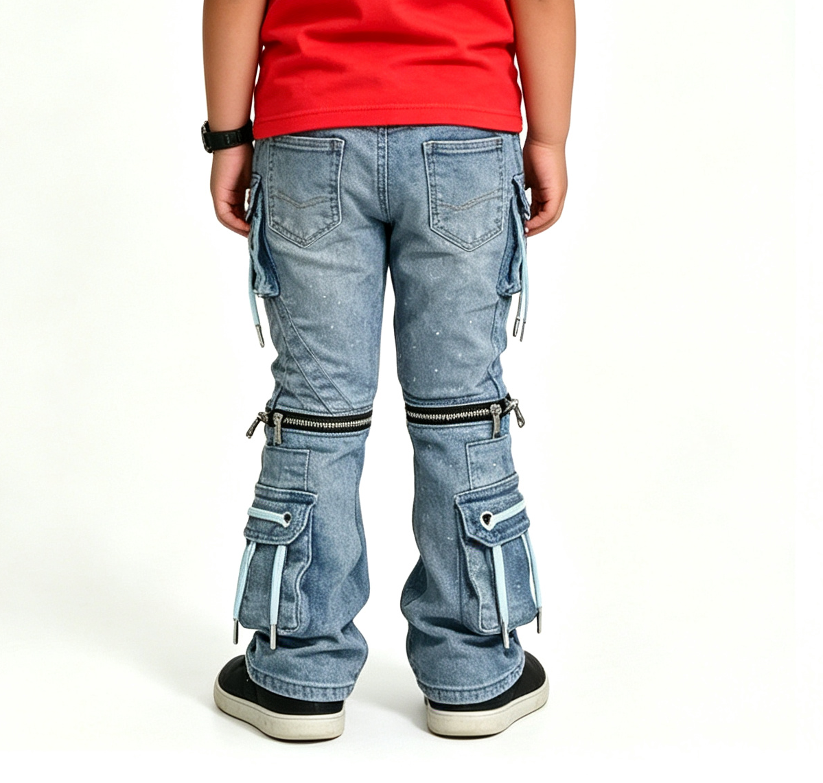 Boys' Y2K Zipper Cargo Jeans OEM | Blue Splatter Wash - Image 3