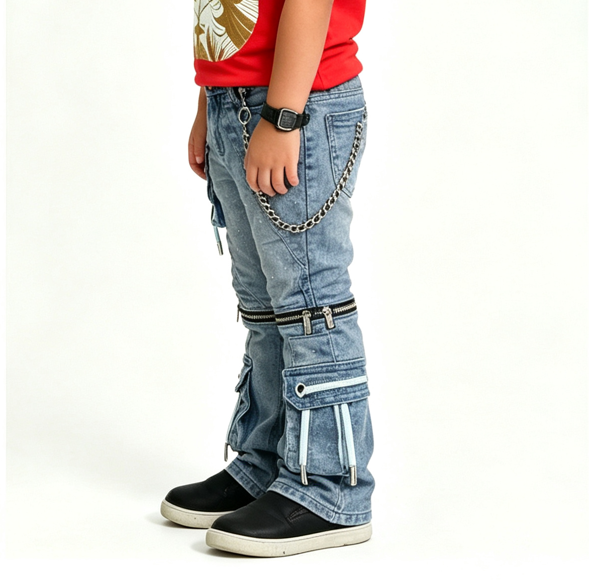 Boys' Y2K Zipper Cargo Jeans OEM | Blue Splatter Wash - Image 4