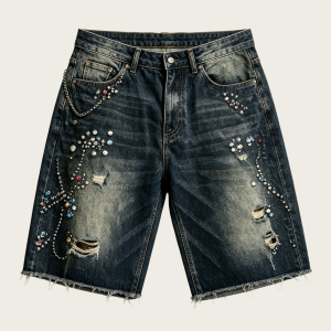 Men's Dark Blue Distressed Denim Shorts – Y2K Rhinestone