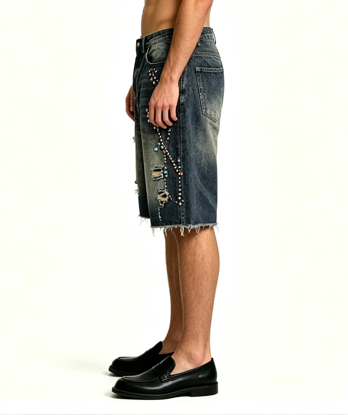 Men's Dark Blue Distressed Denim Shorts – Y2K Rhinestone - Image 3
