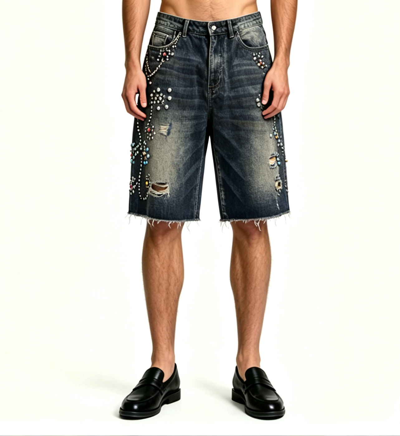 Men's Dark Blue Distressed Denim Shorts – Y2K Rhinestone - Image 4