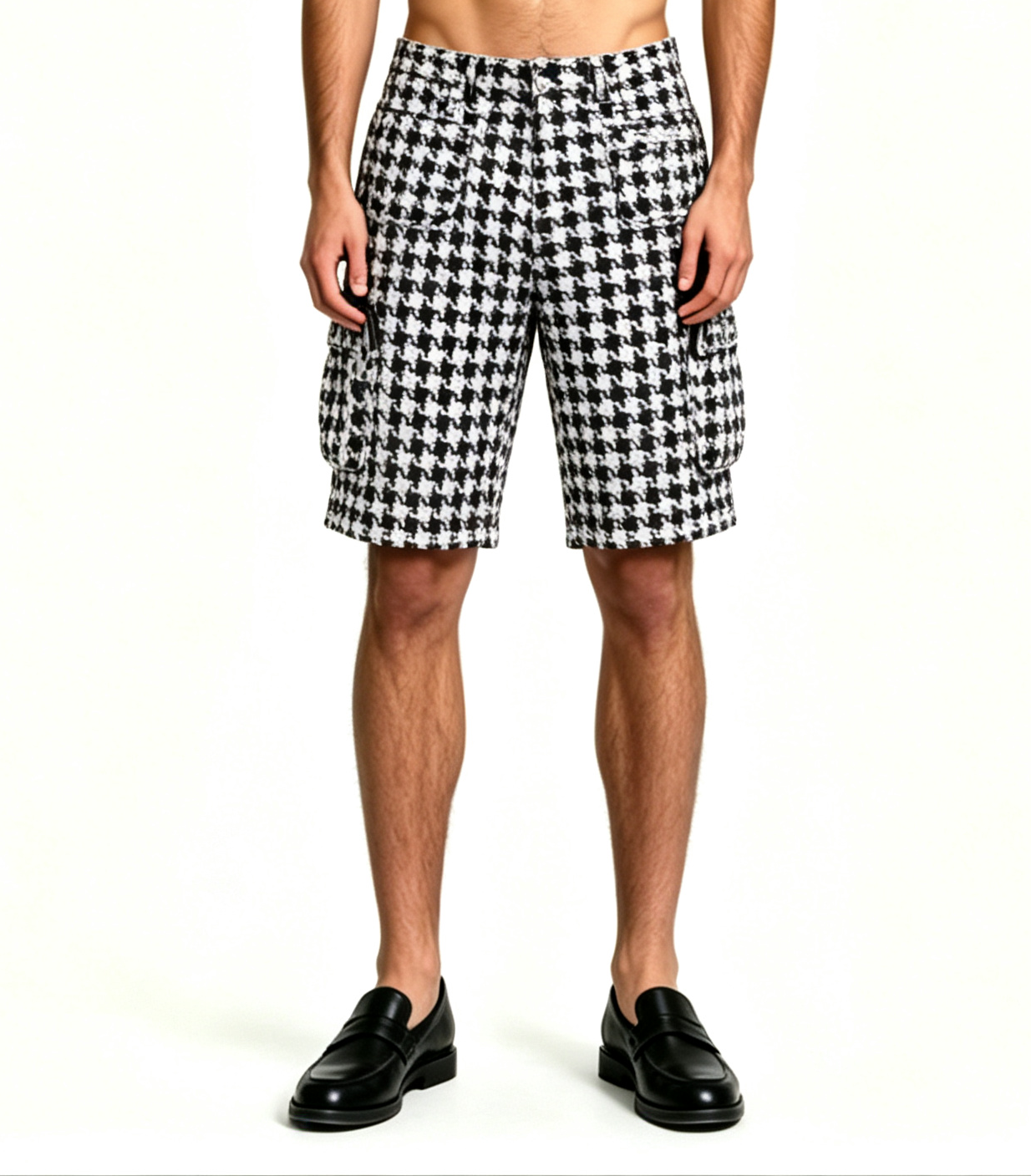 Men's Vintage Houndstooth Cargo Shorts – Wide Leg Streetwear - Image 4