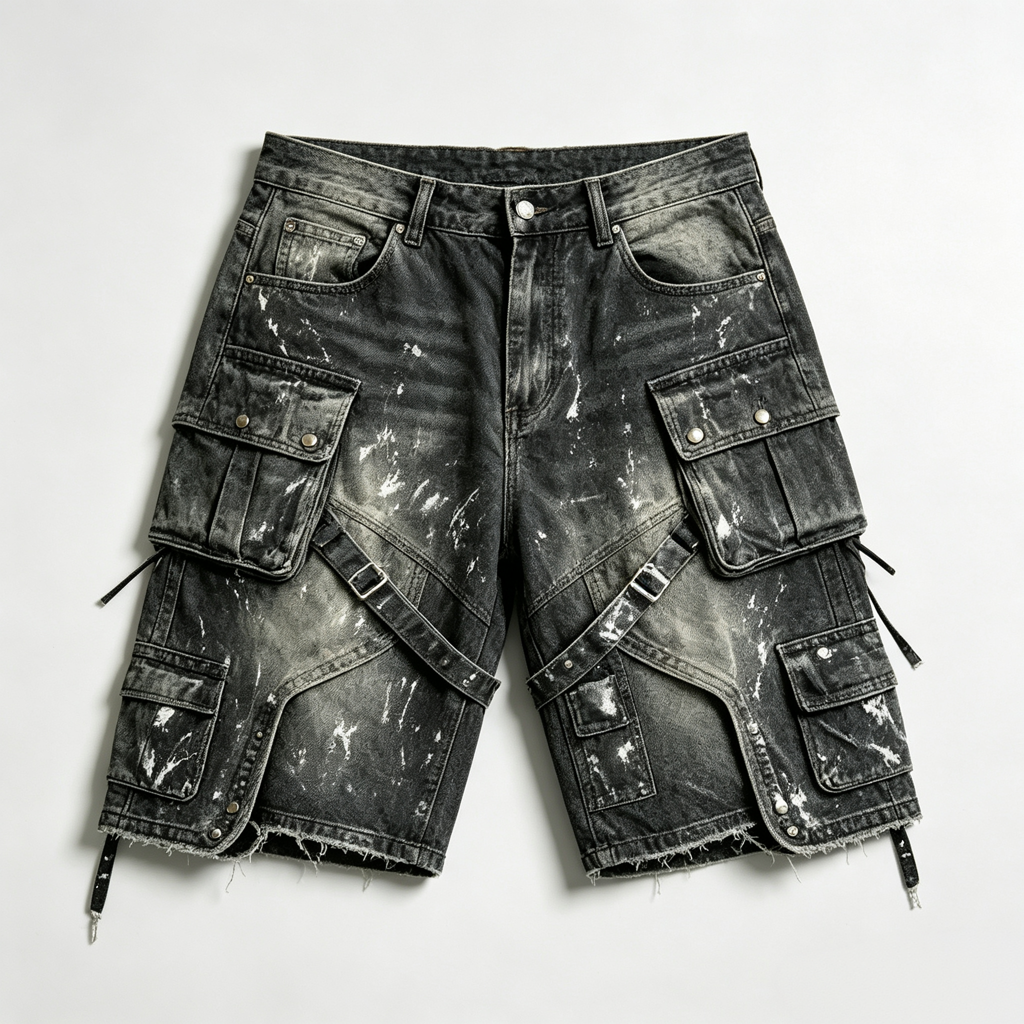 Men's Distressed Paint Splatter Cargo Shorts – Multi-Pocket