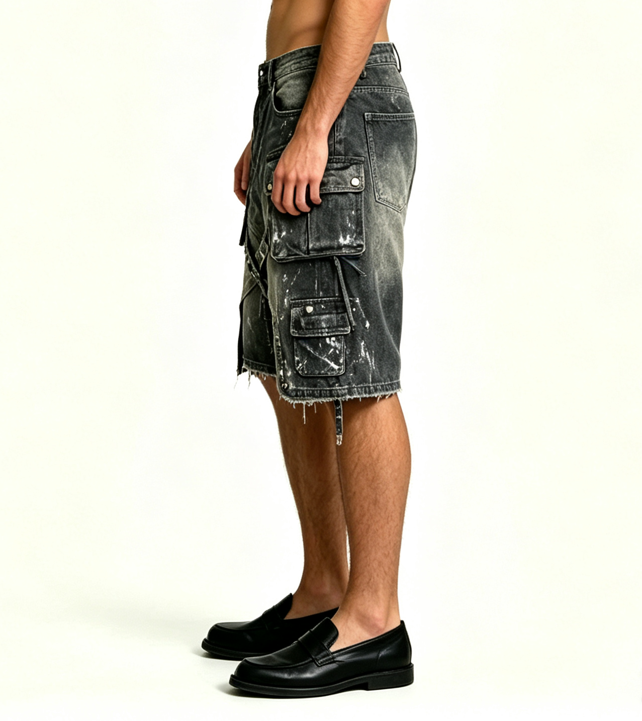 Men's Distressed Paint Splatter Cargo Shorts – Multi-Pocket - Image 2
