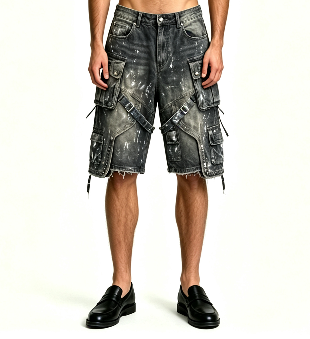 Men's Distressed Paint Splatter Cargo Shorts – Multi-Pocket - Image 4
