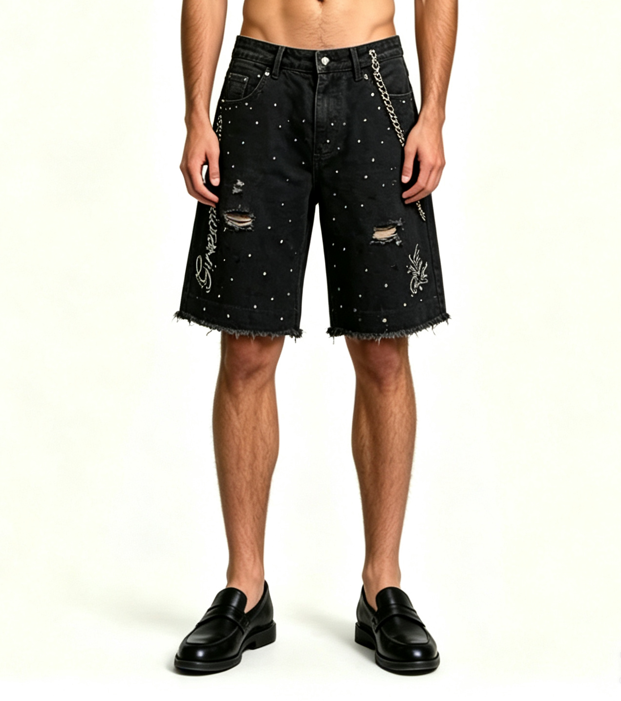 Men's Rhinestone Studded Denim Shorts | Streetwear - Image 3
