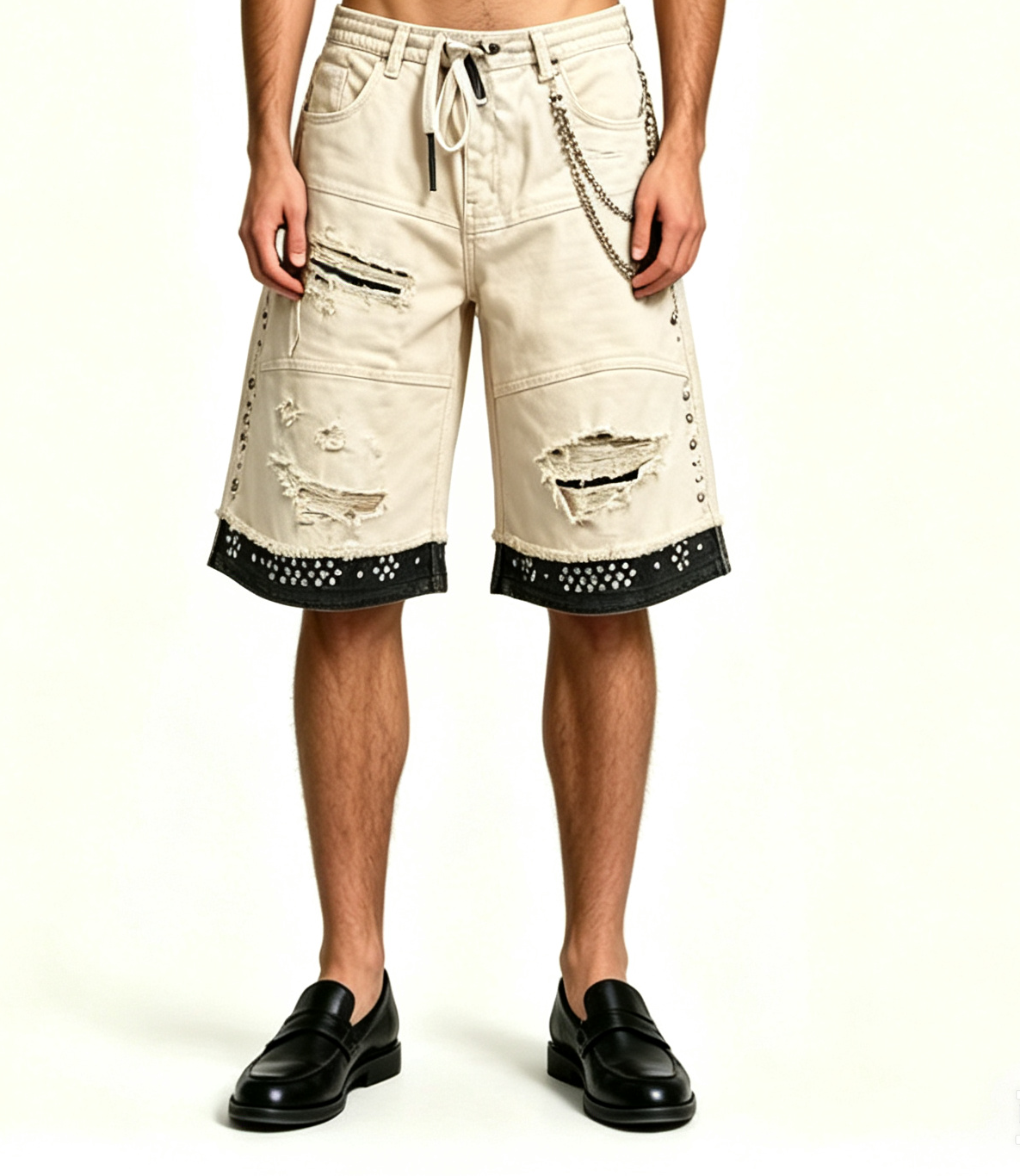 Men's Off-White Ripped Denim Shorts | Star Jacquard - Image 4