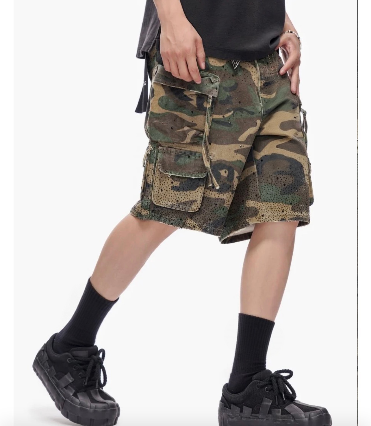 Men's Woodland Camo Cargo Shorts – Drawstring Baggy Fit