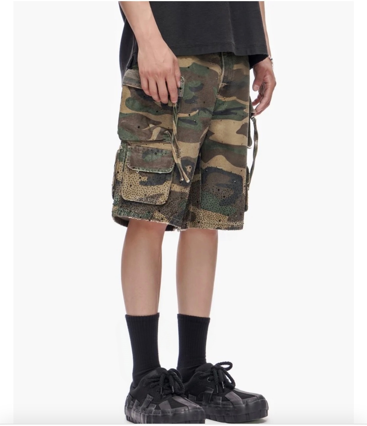 Men's Woodland Camo Cargo Shorts – Drawstring Baggy Fit - Image 2
