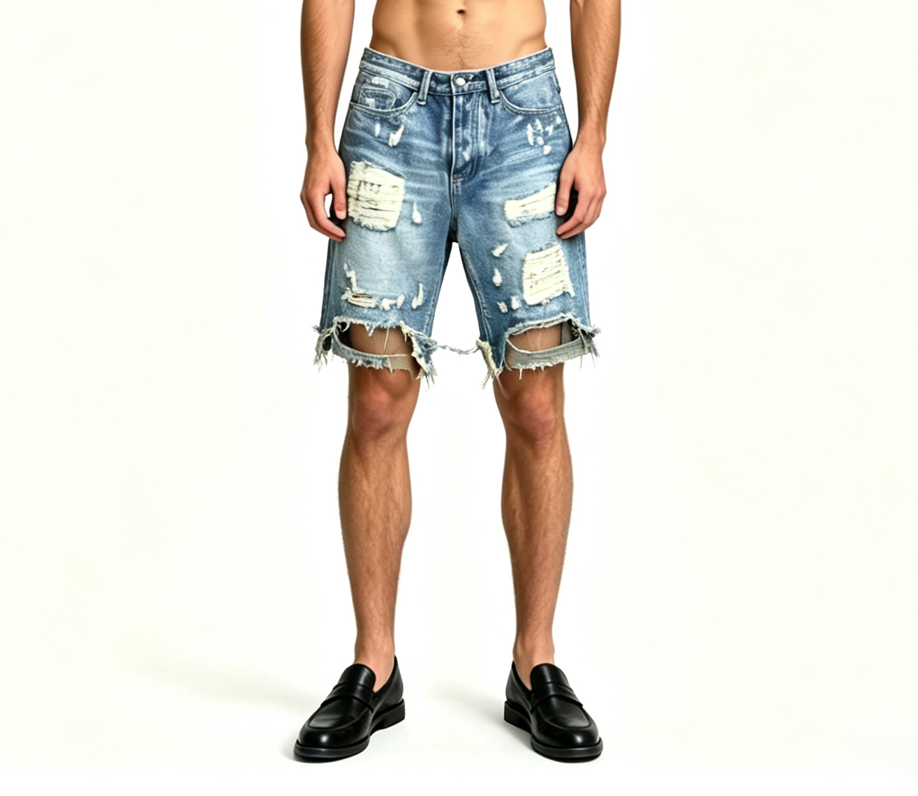 Men's Ripped Denim Shorts OEM | Distressed Blue Baggy - Image 2