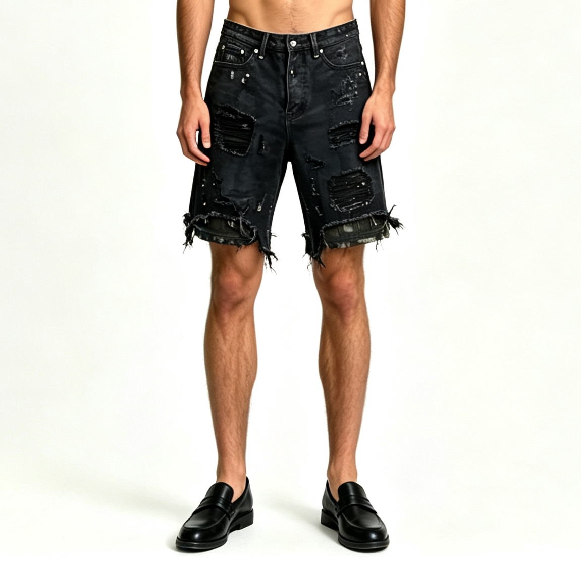 Men's Black Distressed Denim Shorts OEM | Baggy Fit - Image 4