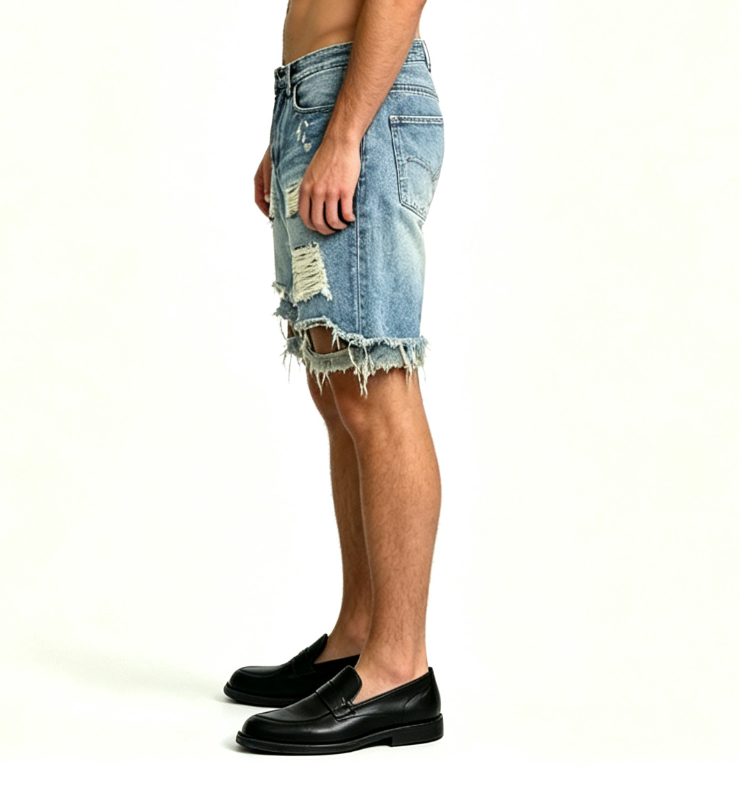 Men's Ripped Denim Shorts OEM | Distressed Blue Baggy - Image 4