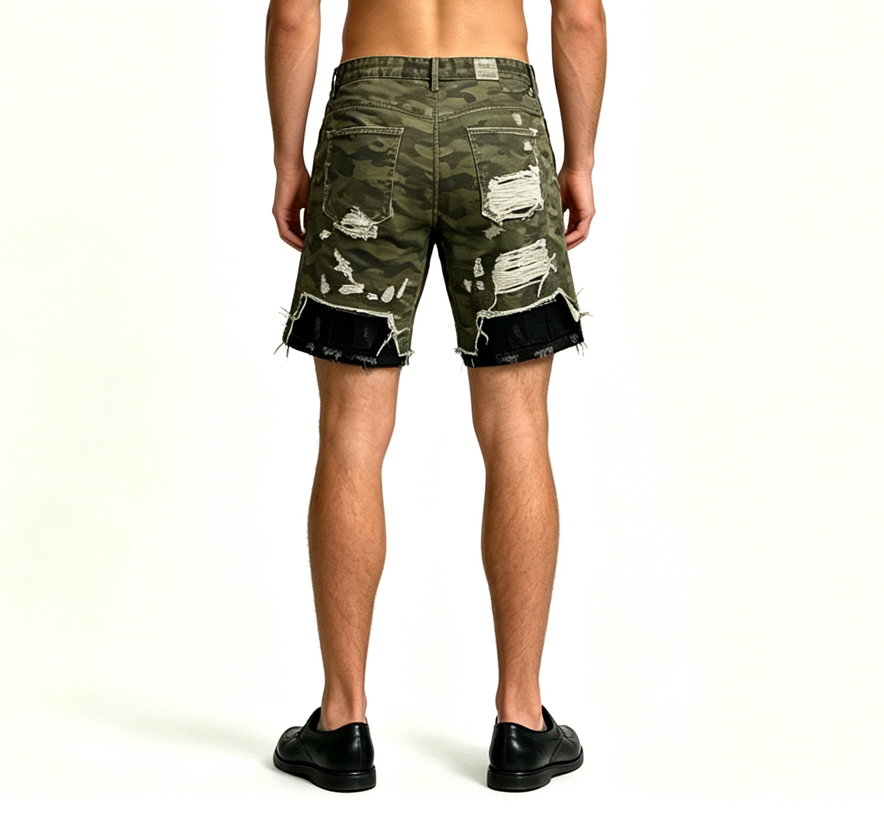 Men's Camo Ripped Denim Shorts OEM | Military Green Baggy - Image 3