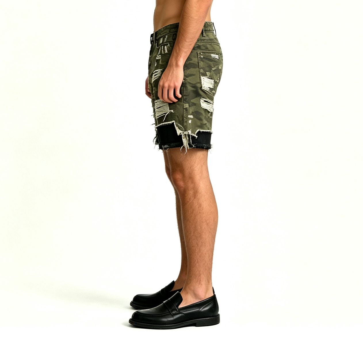 Men's Camo Ripped Denim Shorts OEM | Military Green Baggy - Image 2