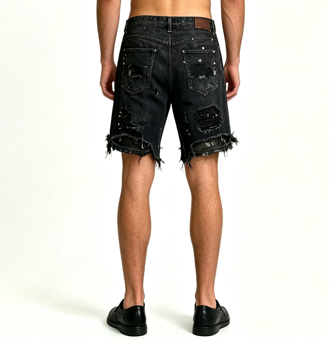 Men's Black Distressed Denim Shorts OEM | Baggy Fit - Image 3