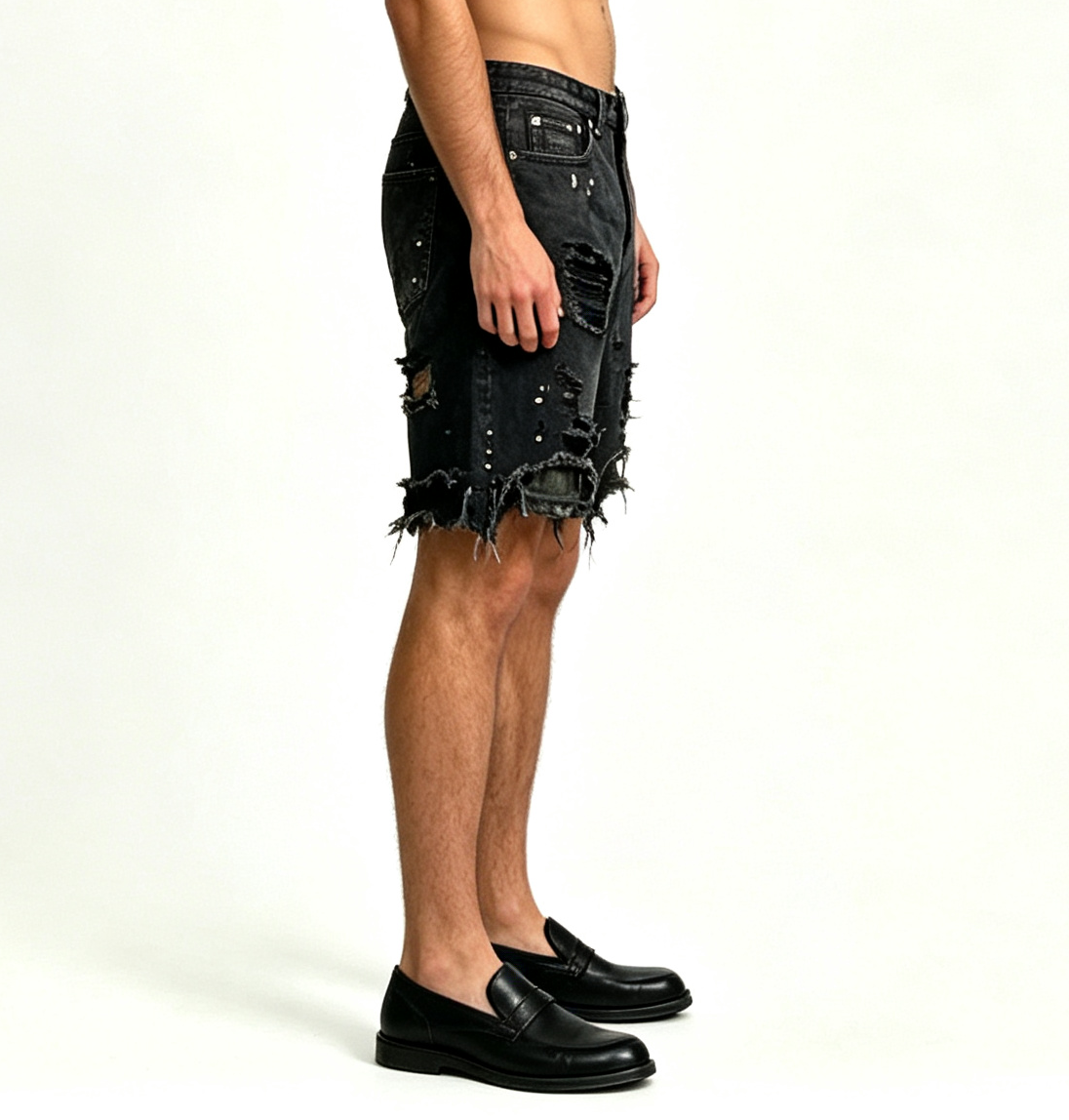 Men's Black Distressed Denim Shorts OEM | Baggy Fit - Image 2