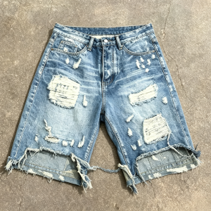 Men's Ripped Denim Shorts OEM | Distressed Blue Baggy