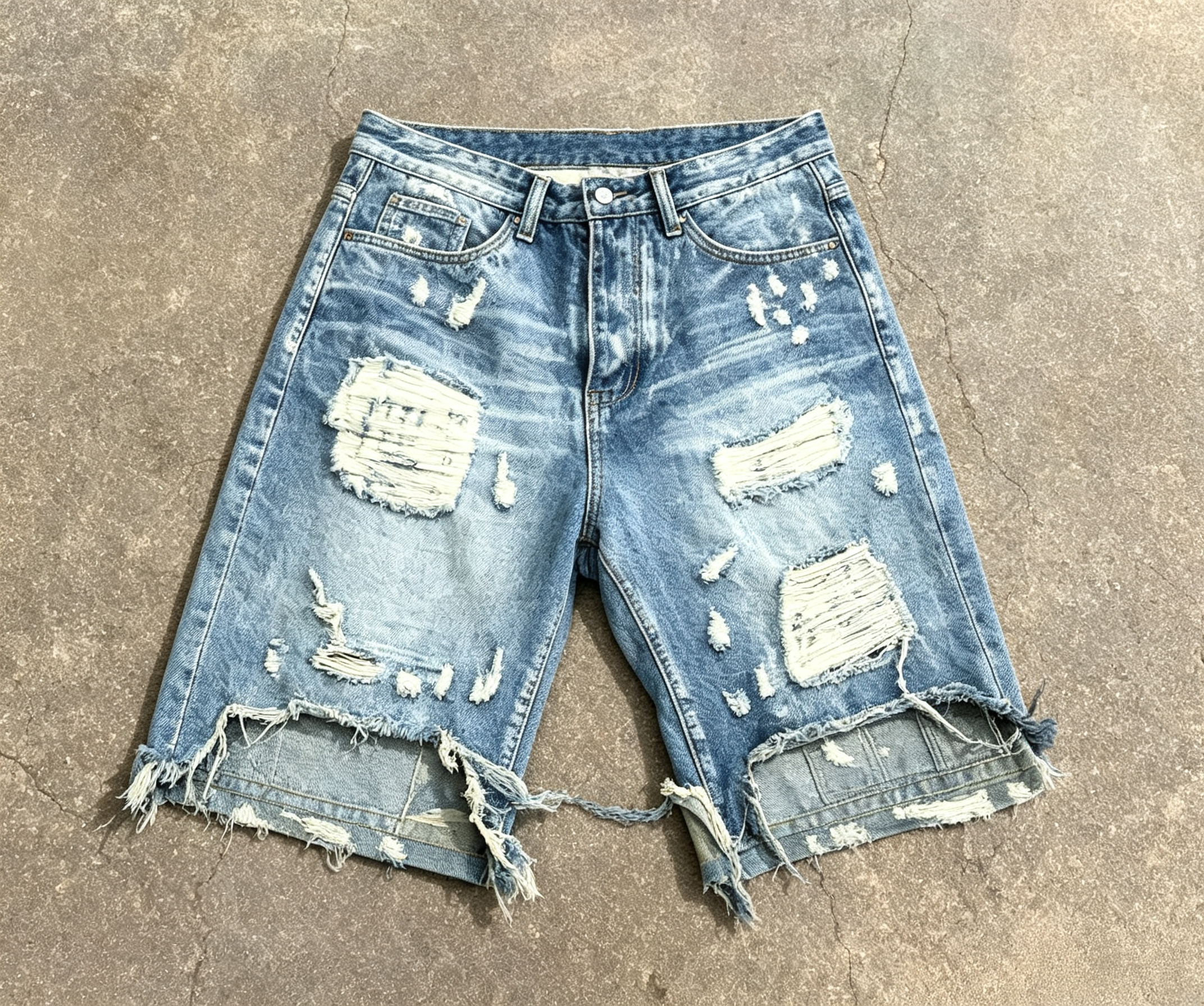 Men's Ripped Denim Shorts OEM | Distressed Blue Baggy