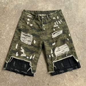 Men's Camo Ripped Denim Shorts OEM | Military Green Baggy