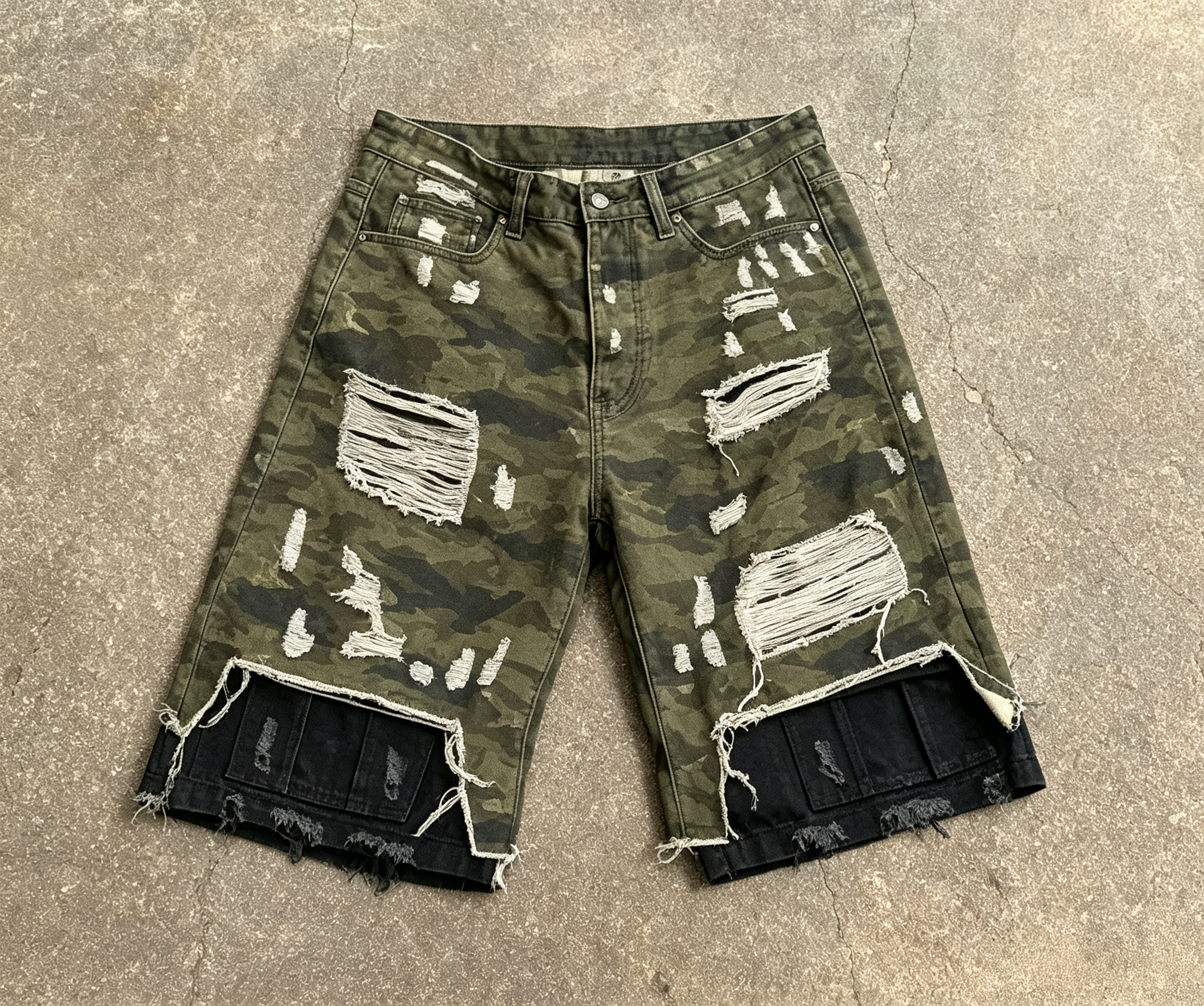 Men's Camo Ripped Denim Shorts OEM | Military Green Baggy