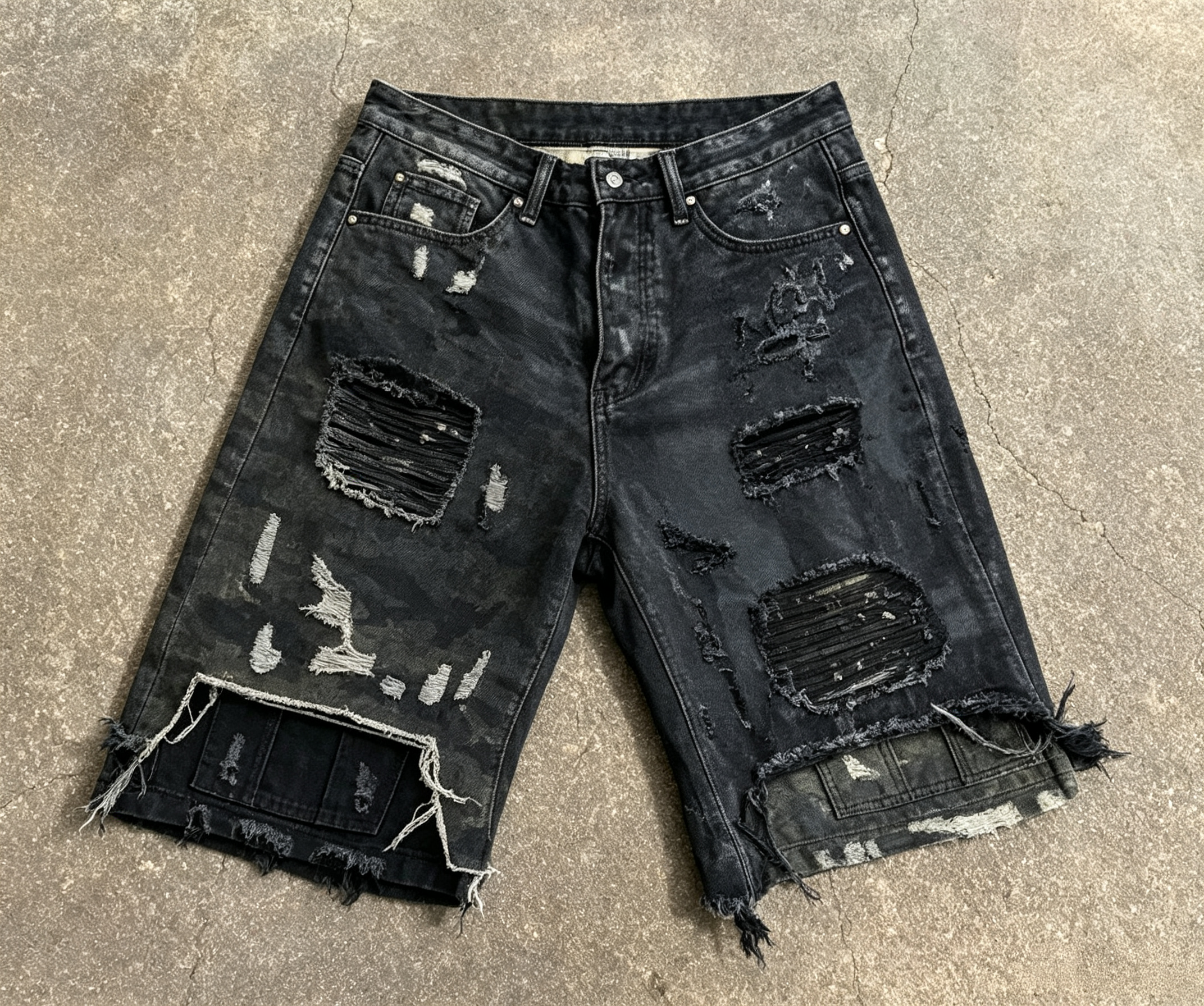 Men's Black Distressed Denim Shorts OEM | Baggy Fit